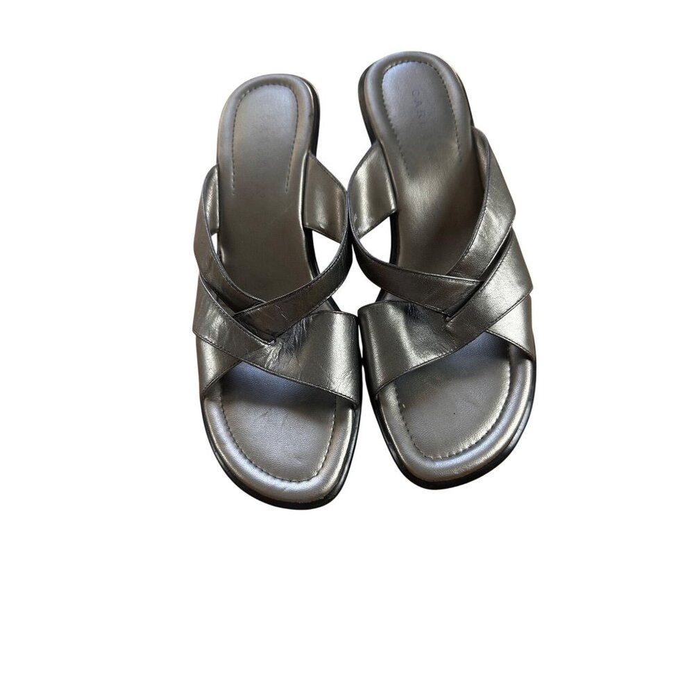 Caressa Size 10M Metallic Silver Strappy Wedge Sandals